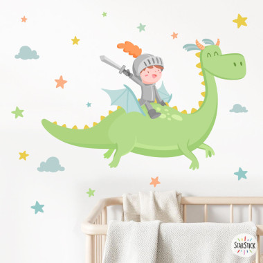 Kids wall sticker of knight with magic dragon for boys bedroom wall decoration.