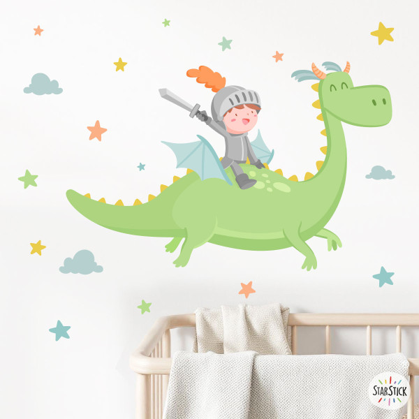 Kids wall sticker knight flying with magical dragon among clouds decorating children's bedroom wall