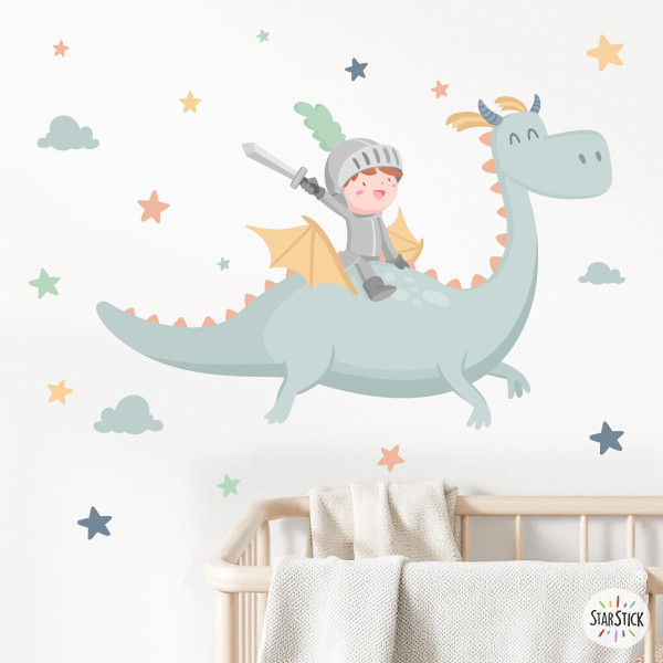 Vinilo infantil adhesivo de caballero con dragón mágico para decorar pared de habitación infantil.