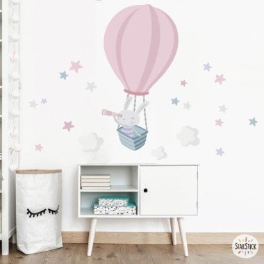 Baby wall decals - Explorer bunny in a balloon. Pink