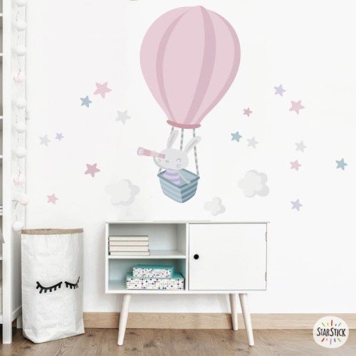 Stickers muraux pour bébés - Lapin explorateur en ballon. rose