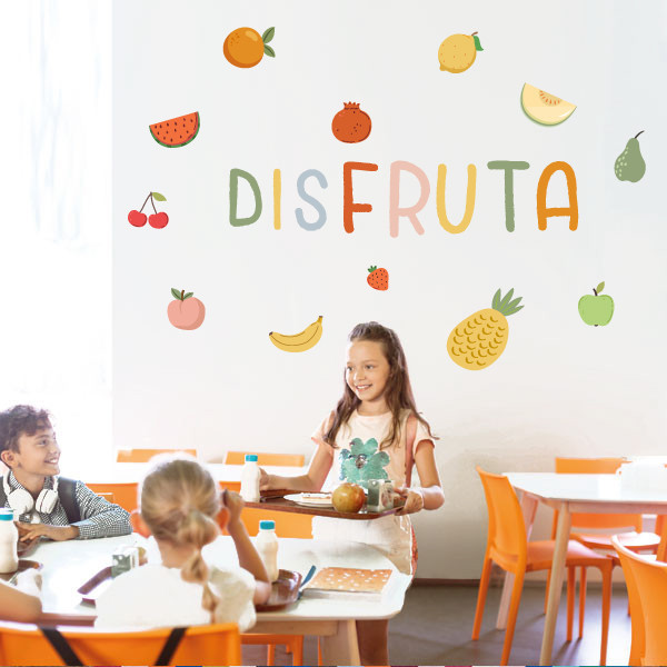 Montessori stickers for school canteens - Word Yum Yum + fruits