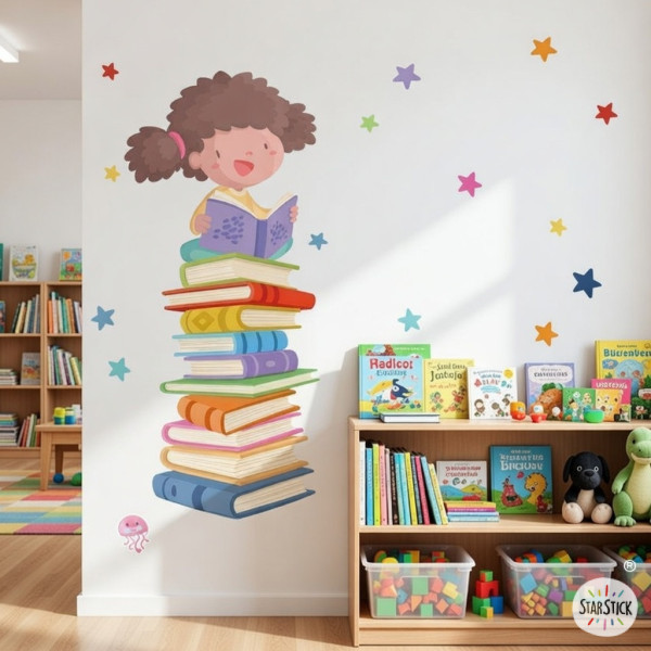 Vinil mural nena morena llegint sobre llibres | Decoració per escoles i biblioteques