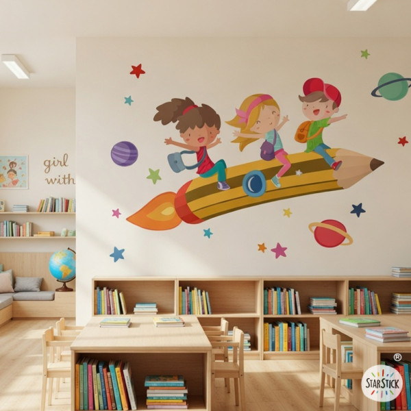 Vinilo educativo infantil  cohete lápiz con niños decoración aula escolar