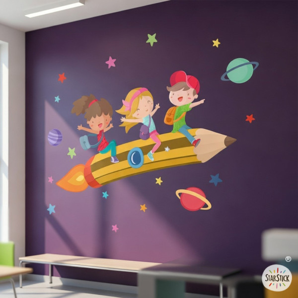 Vinilo educativo infantil  cohete lápiz con niños decoración aula escolar