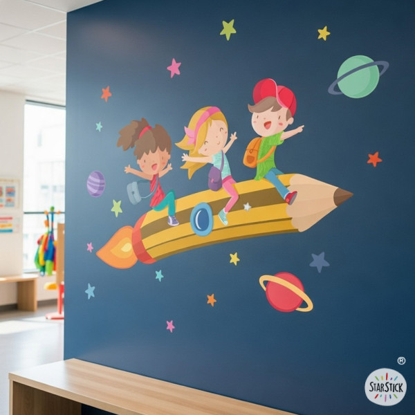 Vinilo educativo infantil  cohete lápiz con niños decoración aula escolar