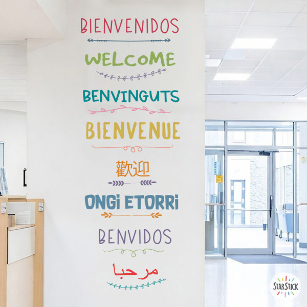 sticker bienvenue multilingue vertical décoration entrée école bureau