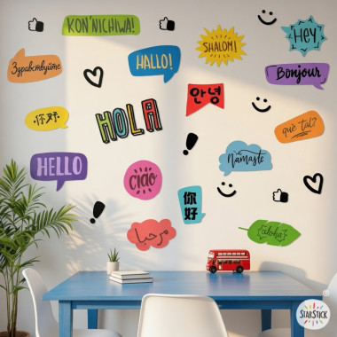 Vinilo decorativo multicultural con la palabra Hola en diferentes idiomas para decorar recibidores, aulas y centros educativos.