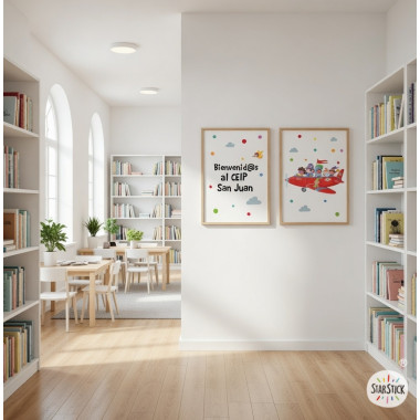 Decoración escolar infantil | Pack 2 cuadros Avión con personajes de cuentos