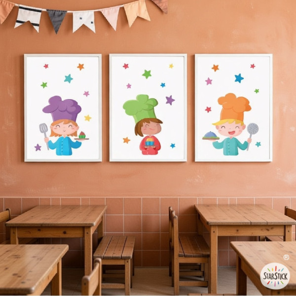 Pack of 3 Children's decorative poster - The three cooks - School canteen decoration