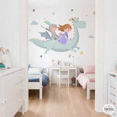 Decorative stickers for children - Dragon with princess and knight - Decoration for siblings