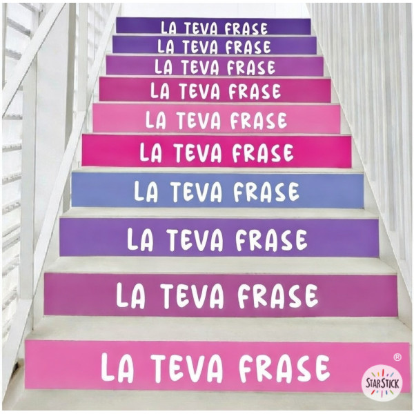 Vinilos decorativos en escaleras de colegio con frases motivadoras en color lila