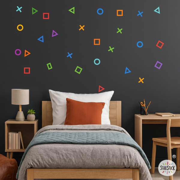 Vinilo gamer de pared con formas inspiradas en videojuegos para habitación infantil y juvenil