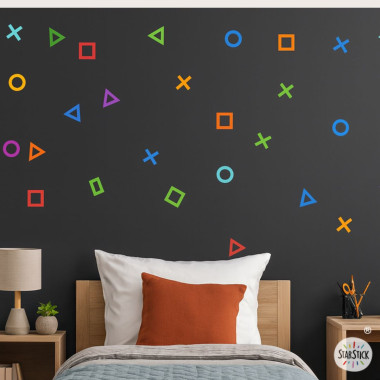Sticker mural gamer avec formes géométriques colorées inspirées des jeux vidéo pour chambre enfant ou ado