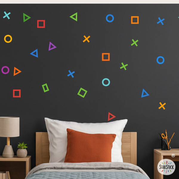 Vinilo gamer de pared con formas inspiradas en videojuegos para habitación infantil y juvenil