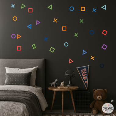 Vinilo gamer de pared con formas inspiradas en videojuegos para habitación infantil y juvenil