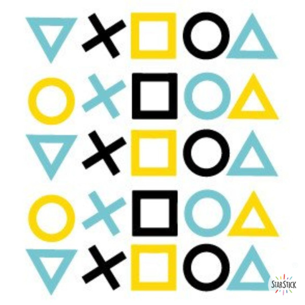 Vinil decoratiu gamer amb formes geomètriques de videojocs en colors vius per habitació infantil o juvenil