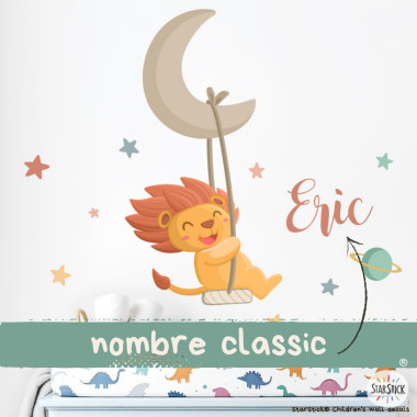 Sticker mural enfant lion sur la lune avec balançoire – Décoration chambre bébé