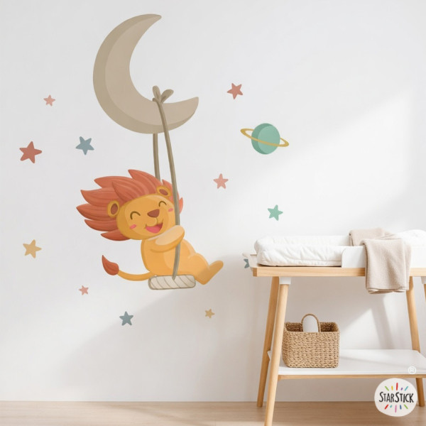Kids wall decal lion on the moon with swing for baby room