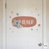 Vinilo infantil personalizado con nombre koala en luna con columpio para habitación de bebé