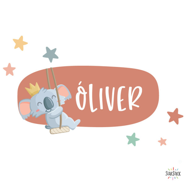 Vinilo infantil personalizado con nombre koala en luna con columpio para habitación de bebé