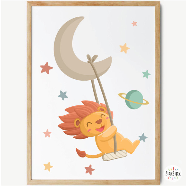 Personalized kids wall art with name - Lion on the moon with swing for baby room