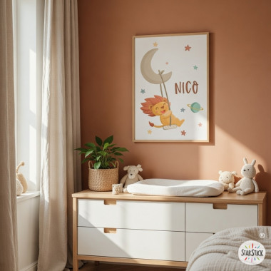 cuadro infantil personalizado nombre leon luna columpio habitacion bebe
