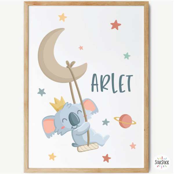 personalized kids wall art name koala moon swing baby room decoration