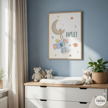 cuadro infantil personalizado con nombre koala luna columpio decoración habitación bebé
