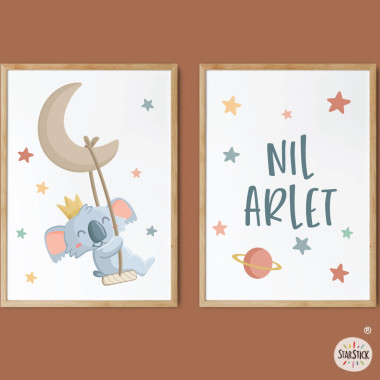 Personalized kids’ wall art with name – Koala on the moon with swing for baby room