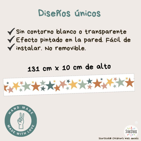 Frise adhésive pour enfants avec des étoiles aux tons Boho, effet peint. Décoration pour enfants et adolescents.