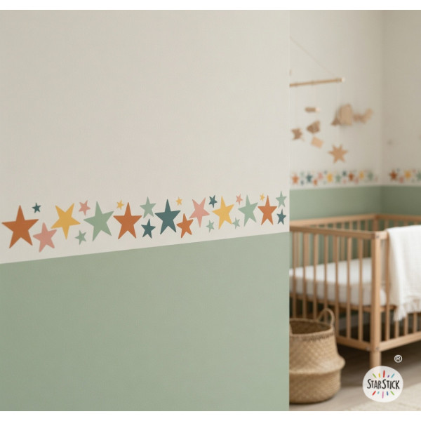 Cenefa adhesiva infantil de estrellas en tonos Boho, efecto pintado. Decoración infantil y juvenil