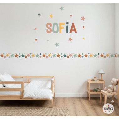 Cenefa adhesiva infantil d’estrelles en tons Boho, efecte pintat. Decoració infantil i juvenil.