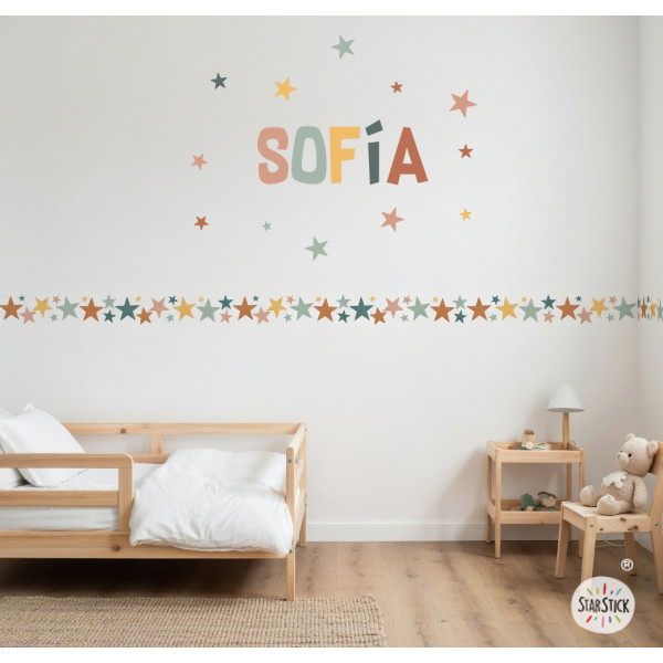 Cenefa adhesiva infantil d’estrelles en tons Boho, efecte pintat. Decoració infantil i juvenil.