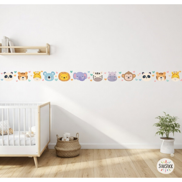 Frise décorative avec visages d’animaux pour chambre de bébé, vinyle autocollant