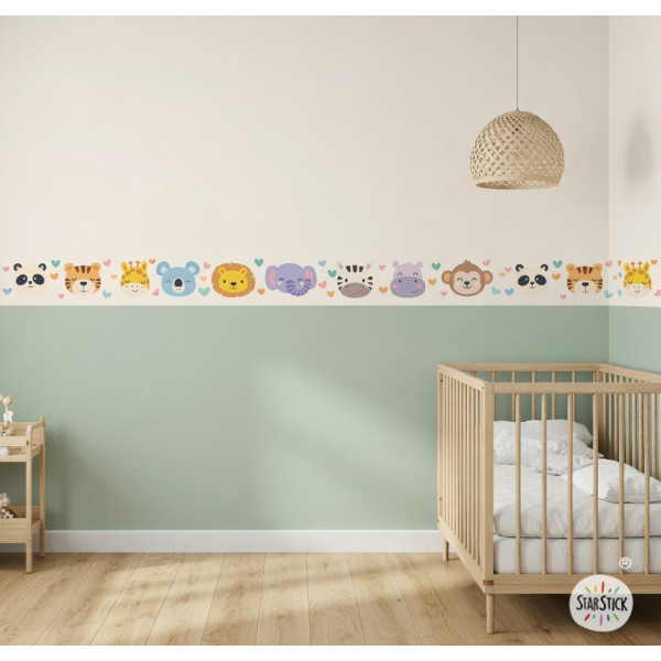 Decorative animal face border for baby room, adhesive wall vinyl