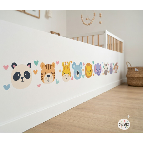 Decorative animal face border for baby room, adhesive wall vinyl