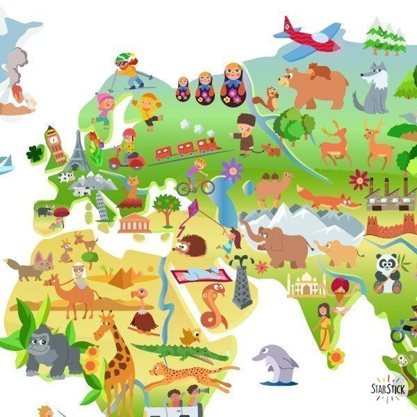 Sticker mural enfant Carte du monde des dessins