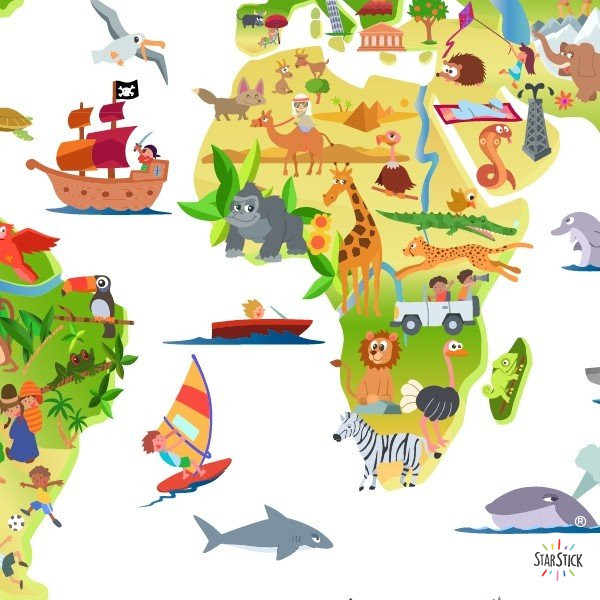 Sticker mural enfant Carte du monde des dessins