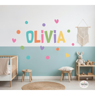 Personalized decorative vinyl with name and colorful hearts for kids’ room