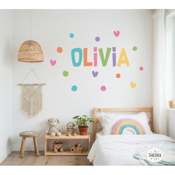 Personalized decorative vinyl with name and colorful hearts for kids’ room