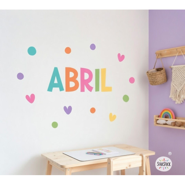 Vinil decoratiu personalitzat amb nom i cors de colors per a habitació infantil
