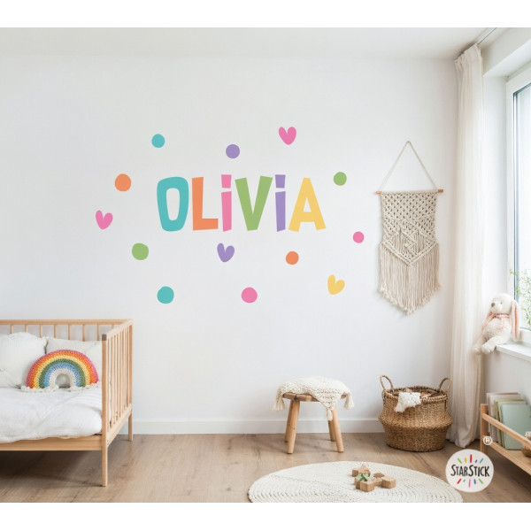 Personalized decorative vinyl with name and colorful hearts for kids’ room