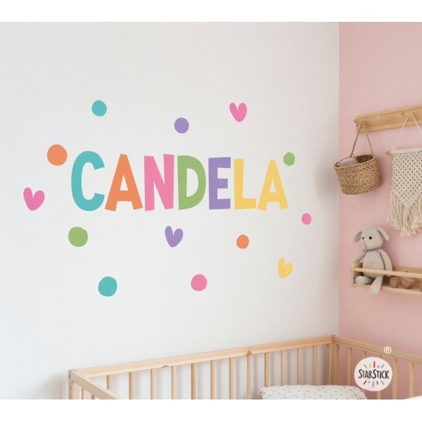 Vinil decoratiu personalitzat amb nom i cors de colors per a habitació infantil