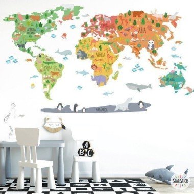 World map with animal drawings - Wall stickers