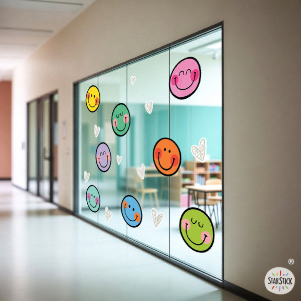 Vinilo para cristales con emojis de colores, ideal para decoración infantil y escolar