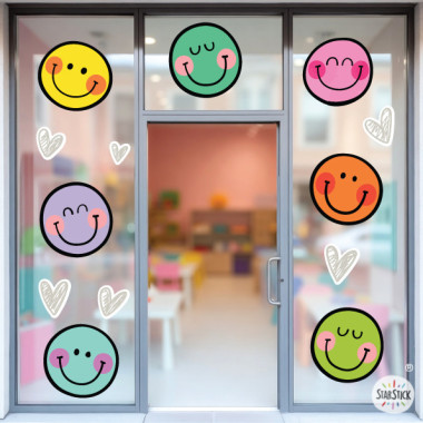 Sticker pour vitres avec des emojis colorés, idéal pour la décoration enfantine et scolaire