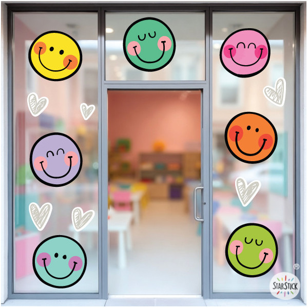 Vinilo para cristales con emojis de colores, ideal para decoración infantil y escolar