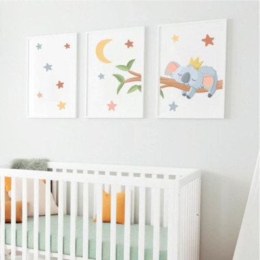 Pack of 3 Children's Paintings - Koala Sleeping on the Branch - Customizable Decoration for Babies