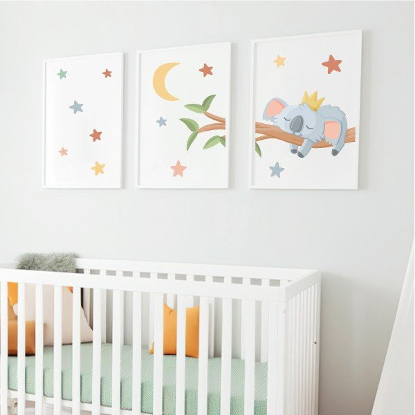 Pack of 3 Children's Paintings - Koala Sleeping on the Branch - Customizable Decoration for Babies